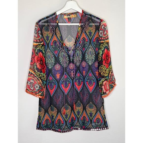Desigual Rugos Embroidered Geometric Sheer Chiffon Kaftan Blouse Multi Women's M - Picture 3 of 9